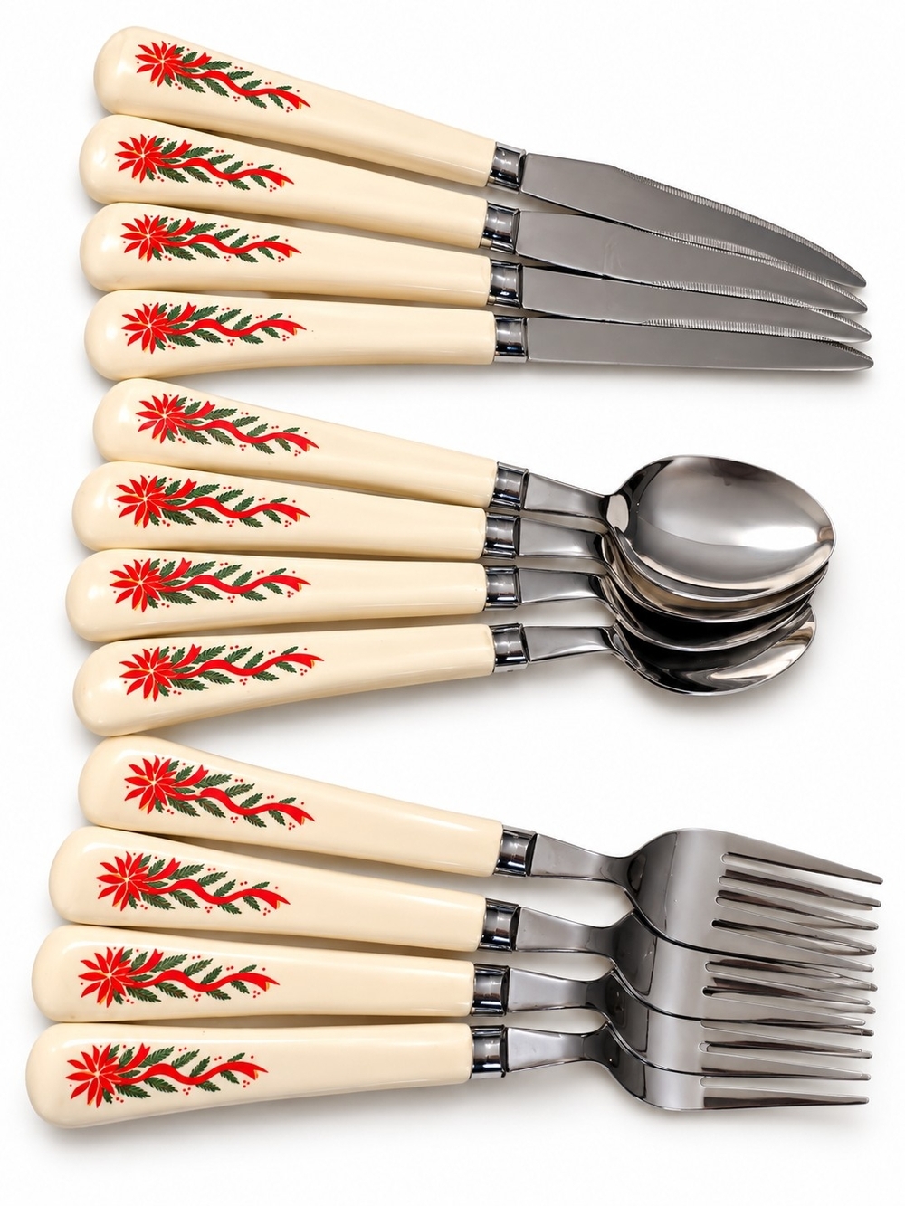 Cream Holiday Floral 12-Piece Flatware Set – Cutlery for Home Dining
